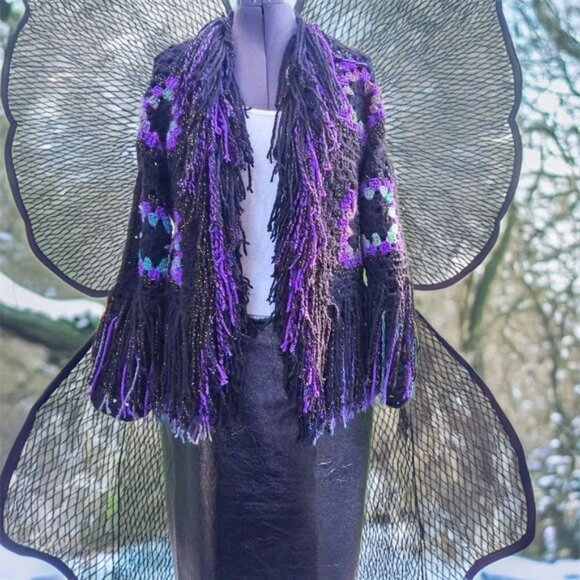 Granny Square Super Fringe Black Purple Greens L/XL - Picture 2 of 13